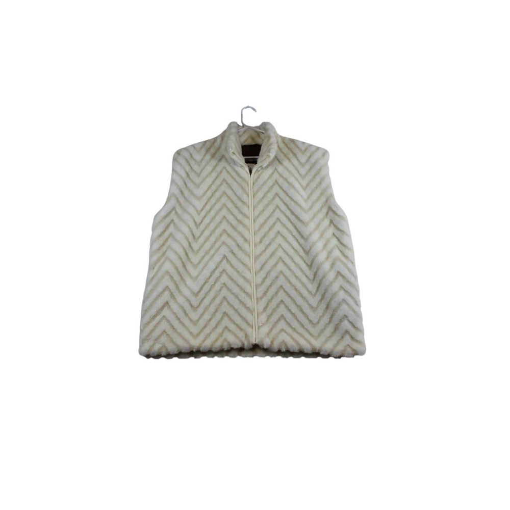 Not Fur Real by Duffel Faux Vest Women Large Beige Chevron Lined Winter Outdoor